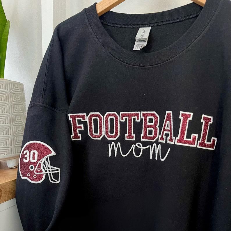 Custom Embroidered Football Mom Helmet Sweatshirt With Embroidery On Sleeves