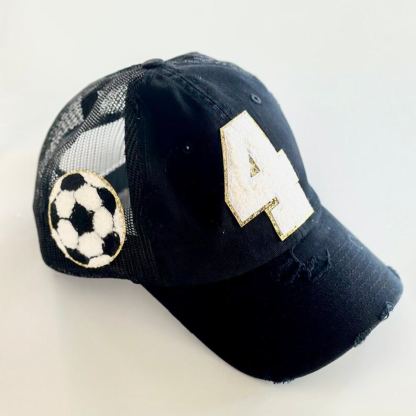 Soccer Mom Hat With Number Patch, Custom Varsity Game Day Sports Cap,Soccer Ball Desige