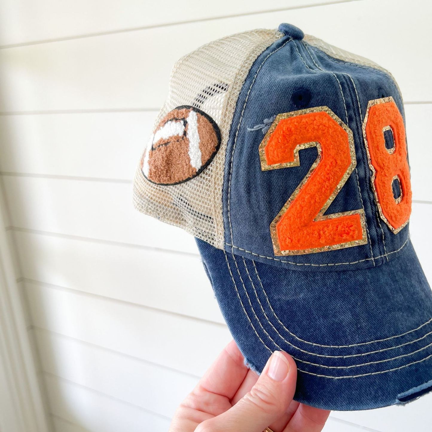 Football Mom Hat With Number Patch, Custom Varsity Game Day Sports Cap,Soccer Ball Desige