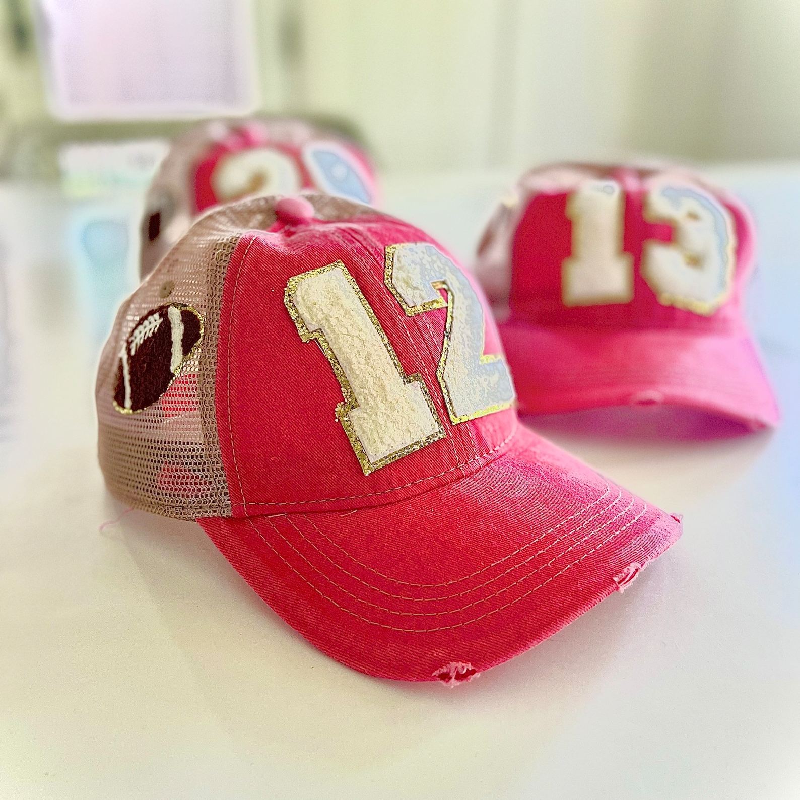Football Mom Hat With Number Patch, Custom Varsity Game Day Sports Cap,Soccer Ball Desige
