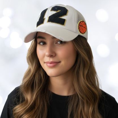 Basketball Mom Hat With Number Patch, Custom Varsity Game Day Sports Cap,Soccer Ball Desige