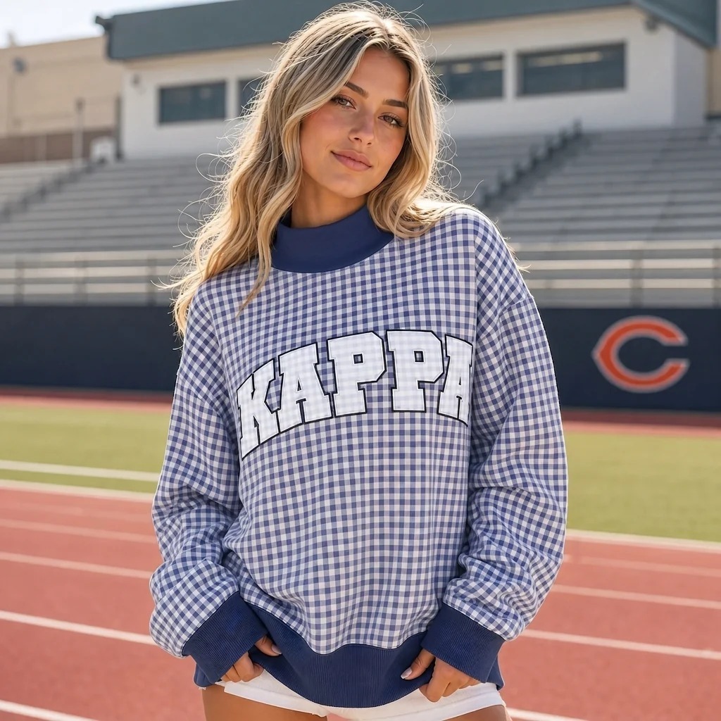 Custom Sorority Text Applique Gingham Mockneck – College Game Day Style