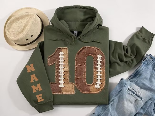 Custom Football Mascot Faux Patchwork Hoodie, Shirt & Sweatshirt-Personalized Name & Number, Game Day Style