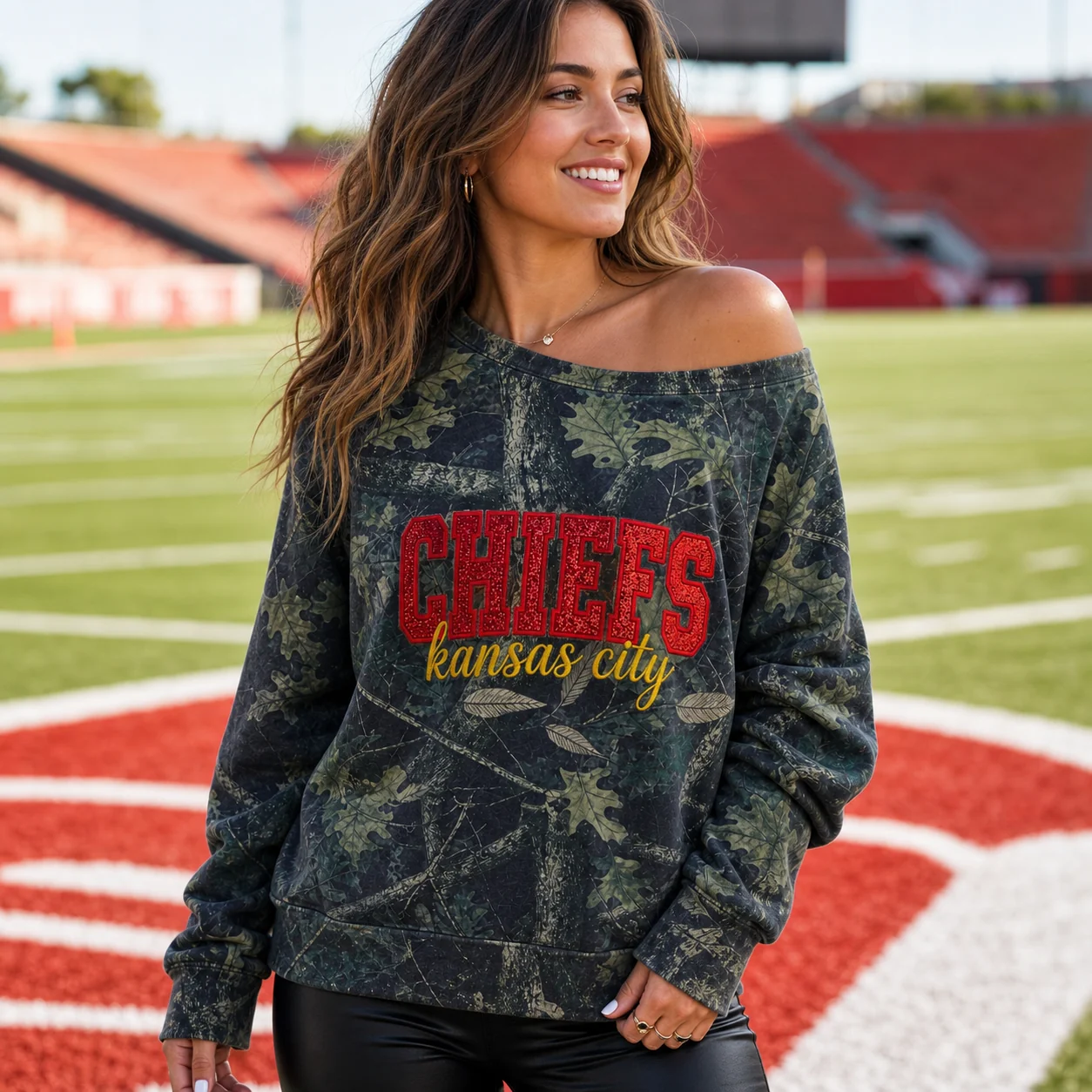 Custom Embroidered Glitter Camo Off-Shoulder Sweatshirt-Personalized Game Day Spirit Wear for Team Fans