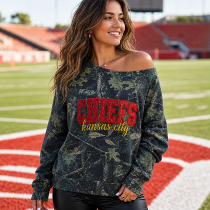 Custom Embroidered Glitter Camo Off-Shoulder Sweatshirt-Personalized Game Day Spirit Wear for Team Fans