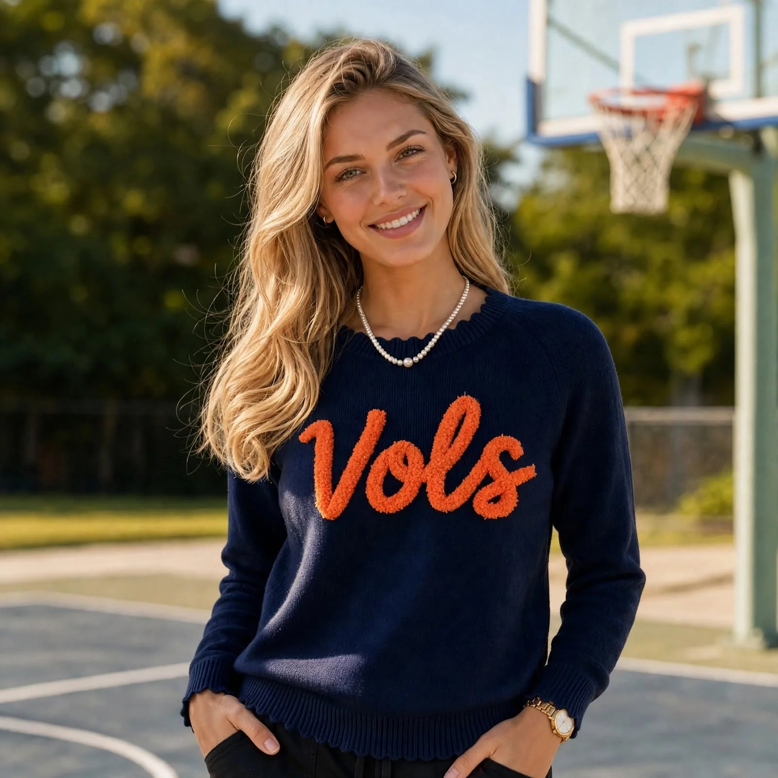 Custom Chenille Embroidered Team Name Scalloped Neckline Crewneck Sweater-College Game Day Style
