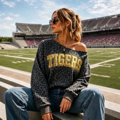 Personalized Metallic Puff Team Name Leopard Off-Shoulder Sweatshirt – Customized for Football Game Day