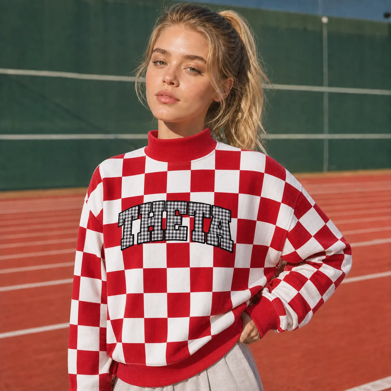 Custom Checkered Mockneck with Applique Sorority Letters-Bid Day & Big Little Style