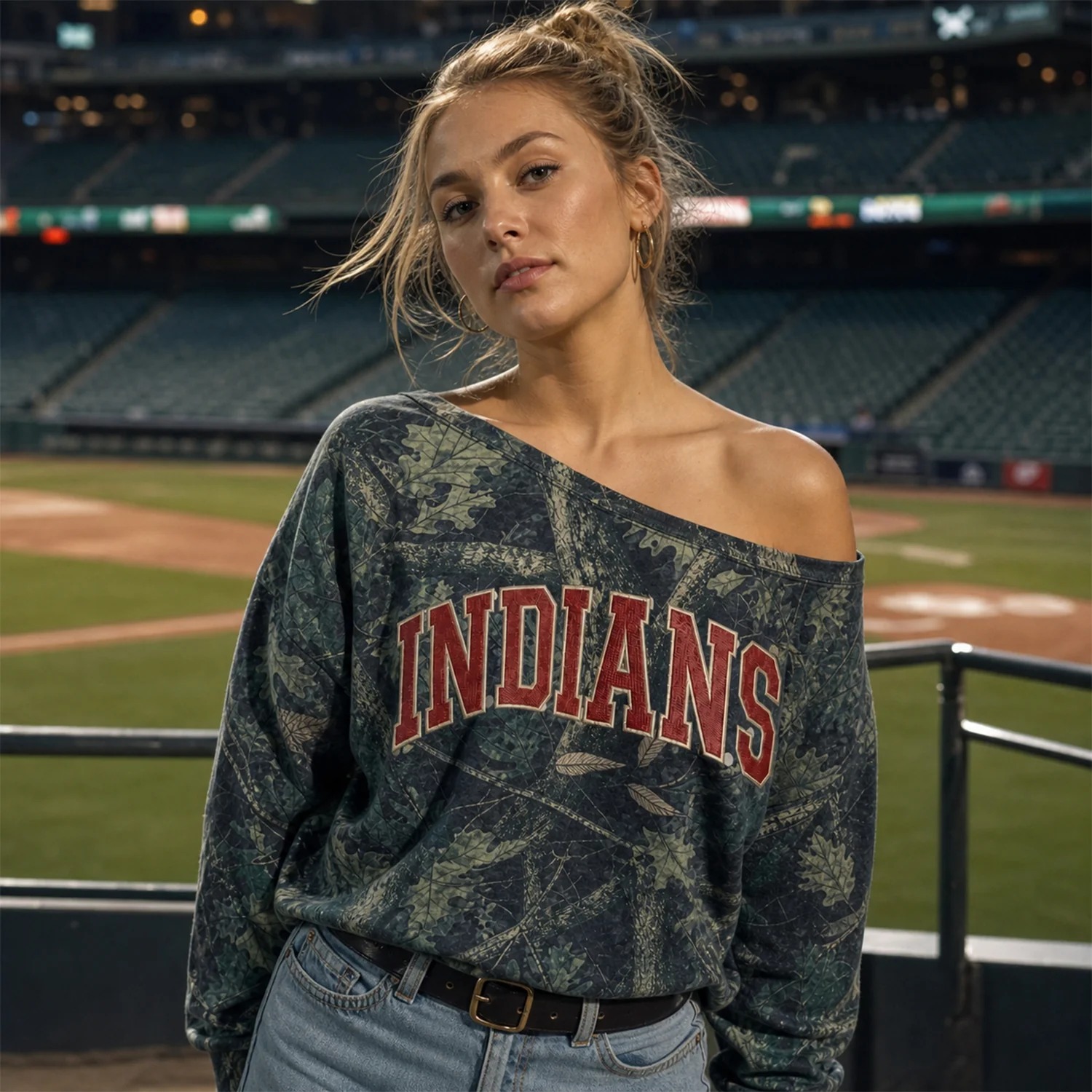Custom Camo Off-Shoulder Sweatshirt with Embroidered Team Design-Game Day Pullover