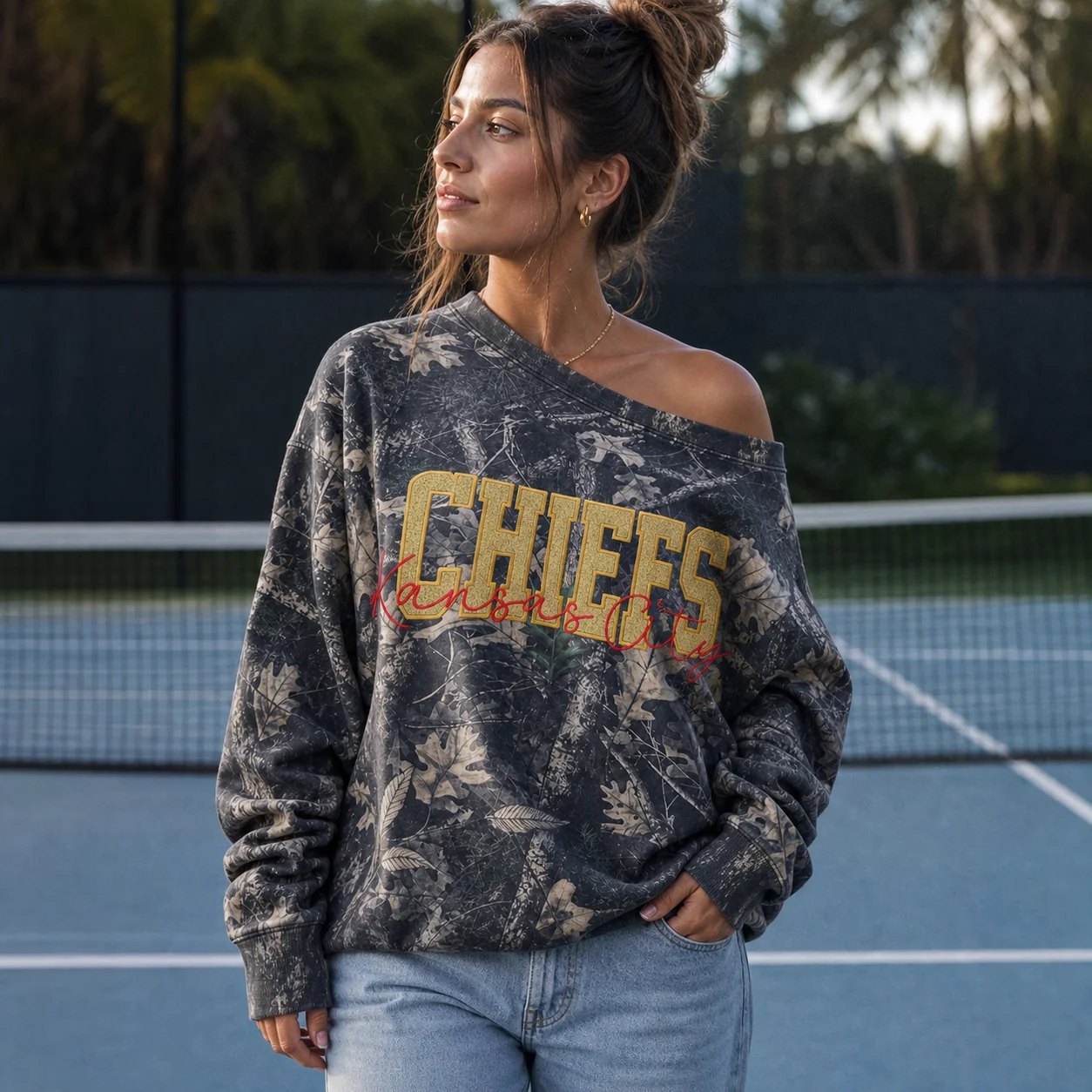 Custom Embroidered Glitter Camo Off-Shoulder Sweatshirt-Personalized Game Day Spirit Wear for Team Fans