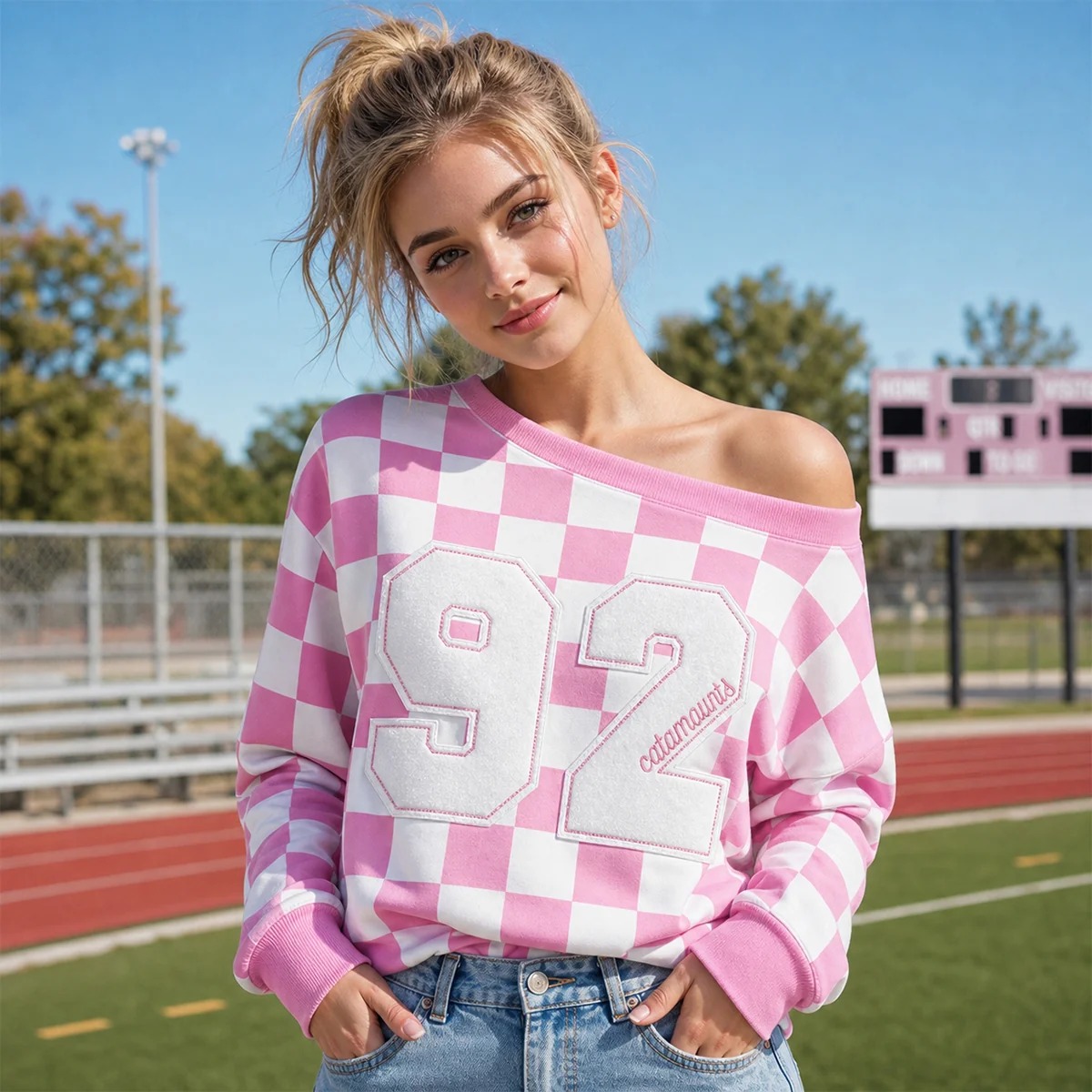 Custom Checkered Off-Shoulder Sweatshirt with Bold Number & Embroidered Name-Game Day Style