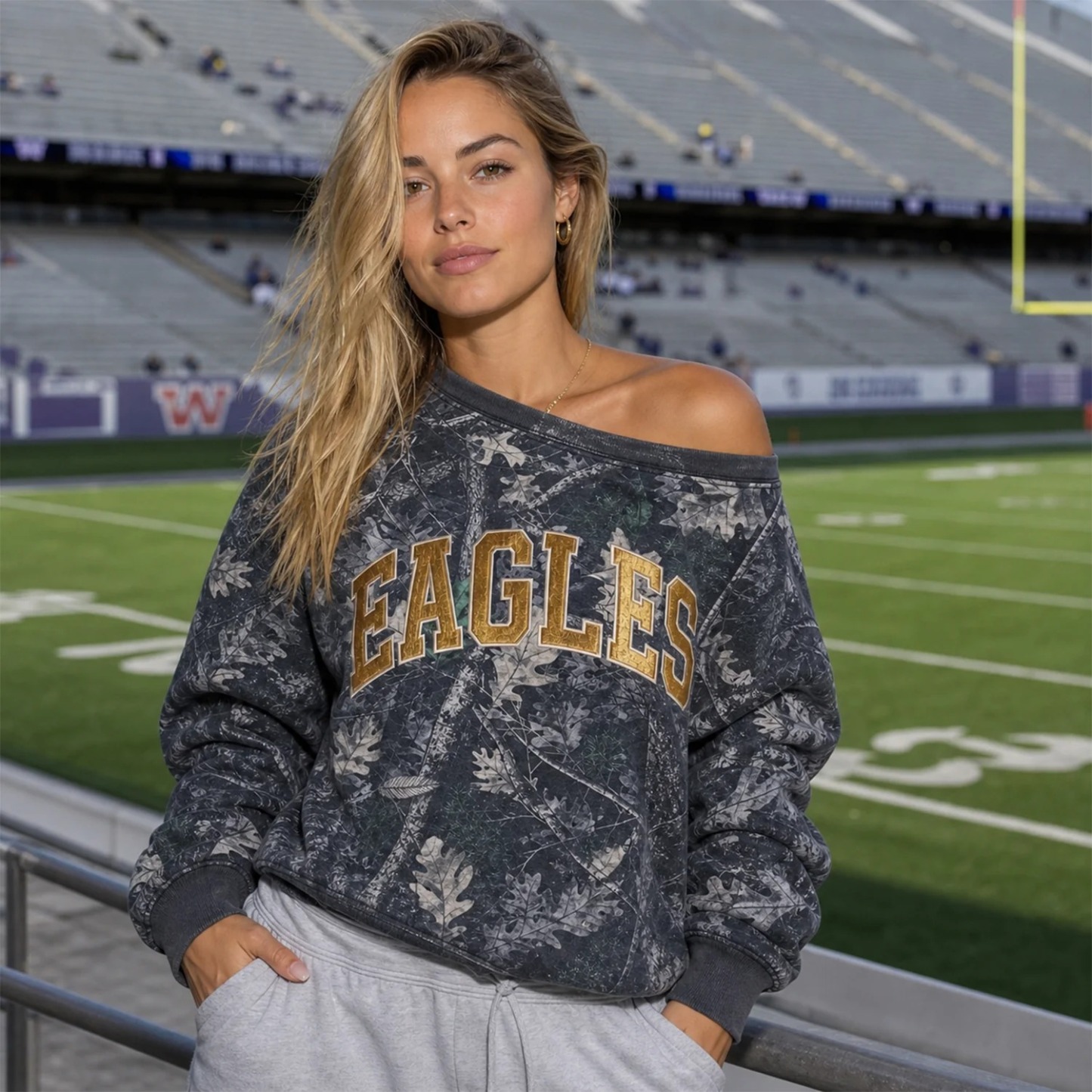 Custom Camo Off-Shoulder Sweatshirt with Embroidered Team Design-Game Day Pullover