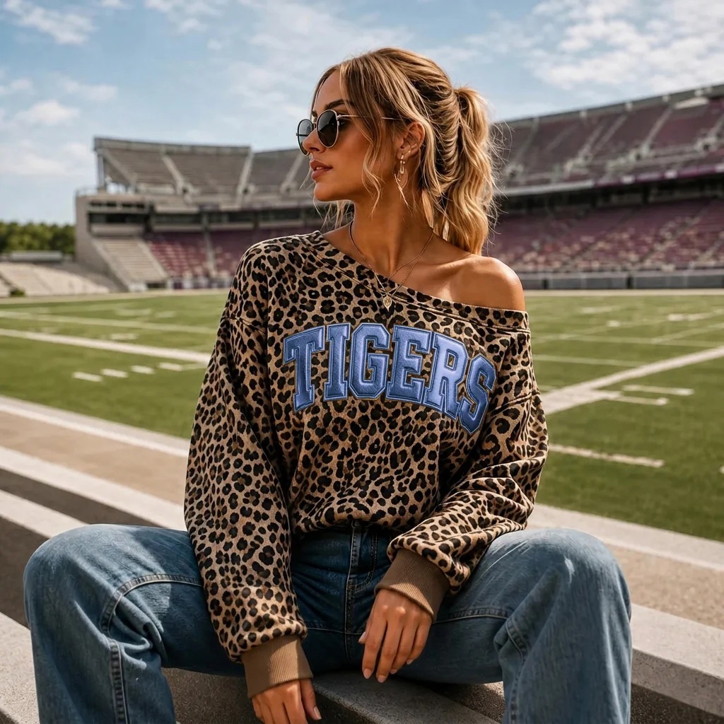 Personalized Metallic Puff Team Name Leopard Off-Shoulder Sweatshirt – Customized for Football Game Day