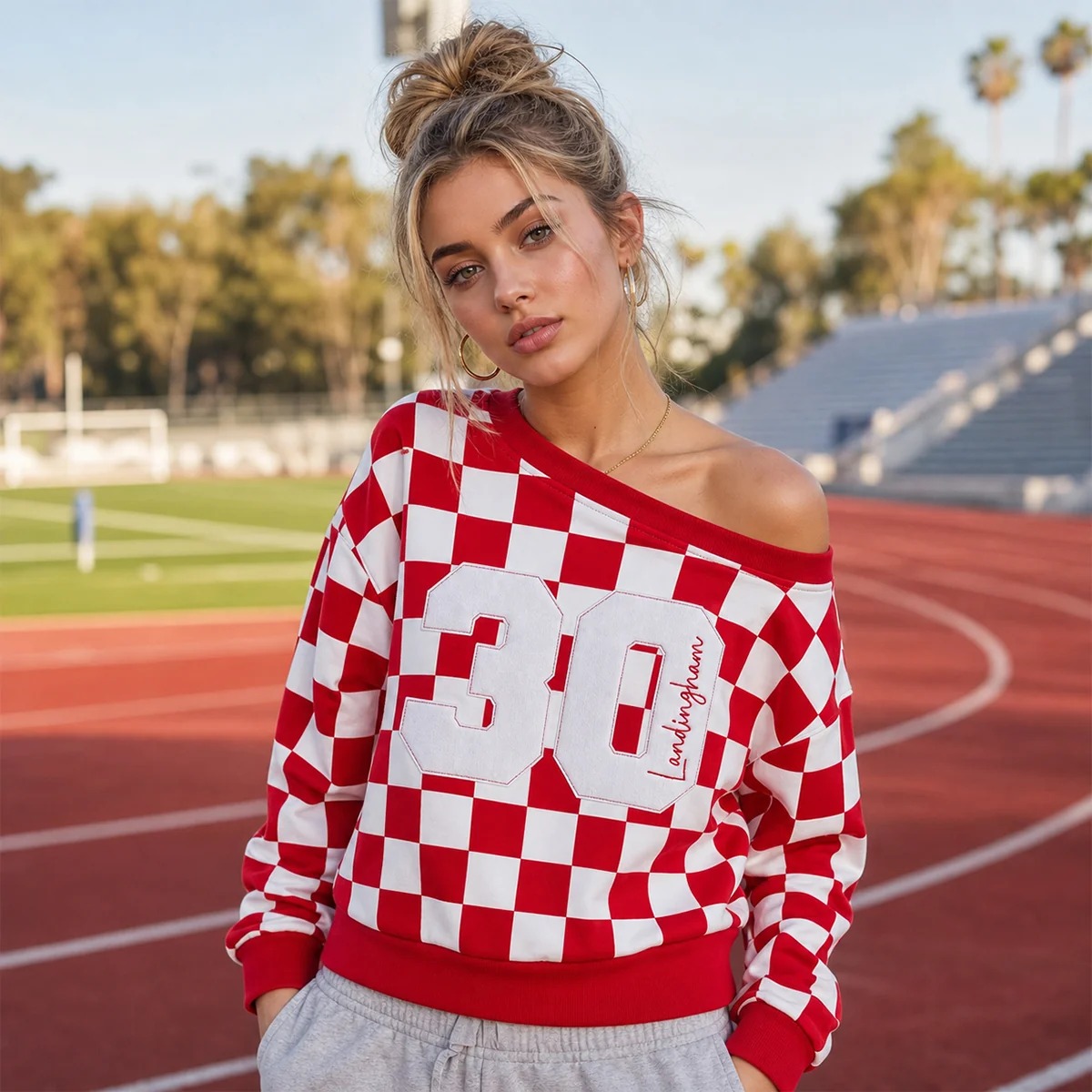 Custom Checkered Off-Shoulder Sweatshirt with Bold Number & Embroidered Name-Game Day Style