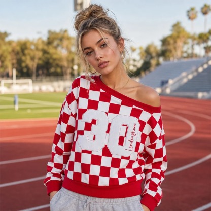 Custom Checkered Off-Shoulder Sweatshirt with Bold Number & Embroidered Name-Game Day Style