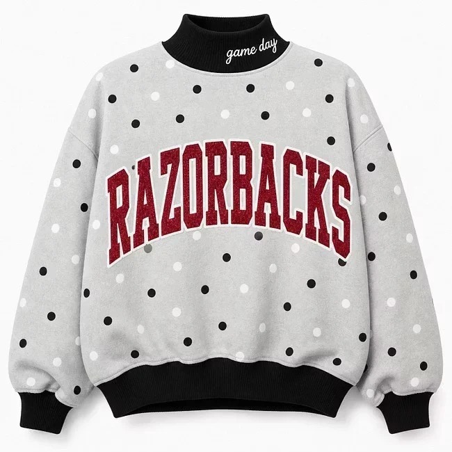 Custom Glitter Team Name Black & White Polka Dot Mockneck Sweatshirt-Game Day Spirit Wear