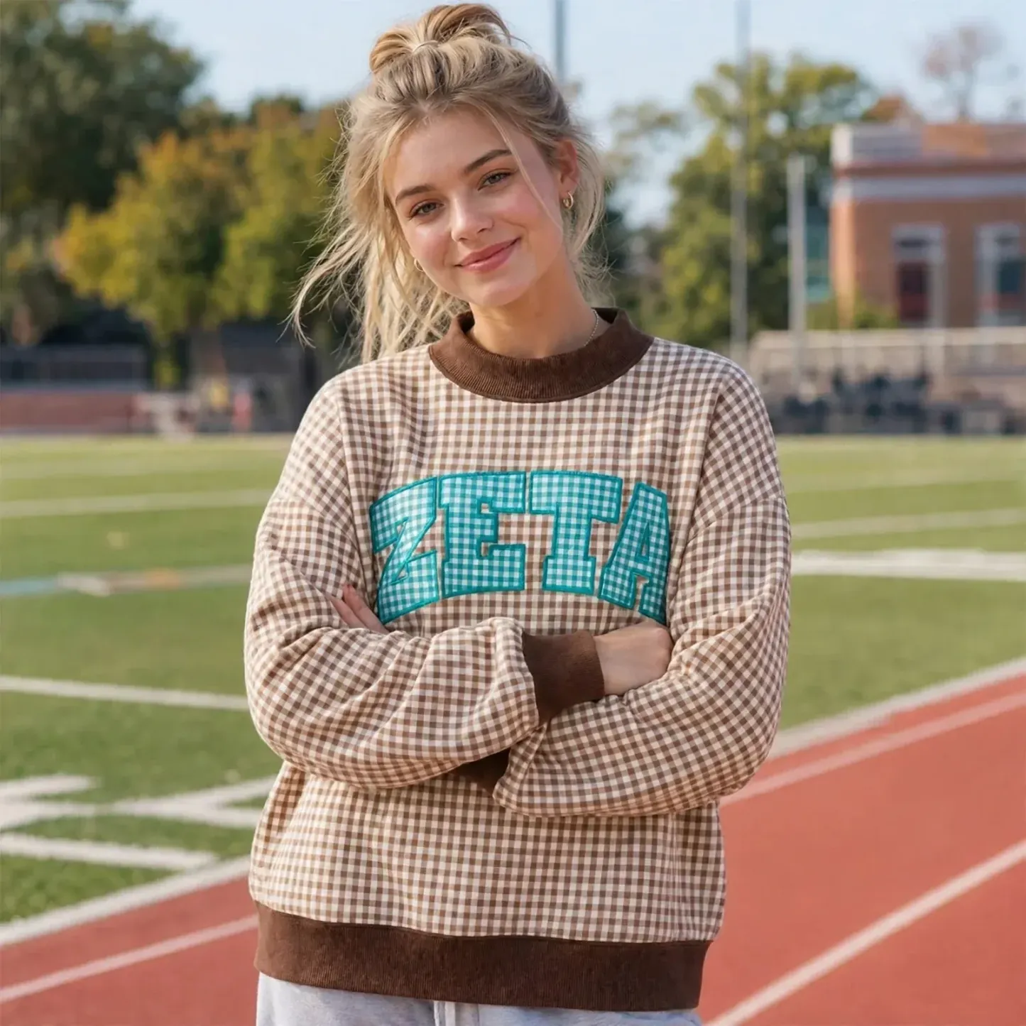 Custom Sorority Text Applique Gingham Mockneck – College Game Day Style