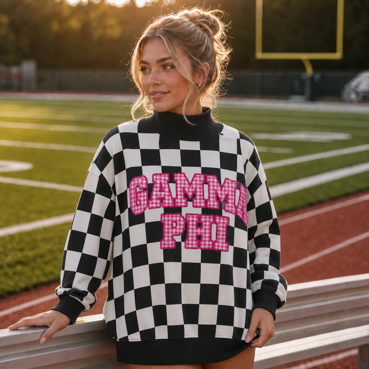 Custom Checkered Mockneck with Applique Sorority Letters-Bid Day & Big Little Style