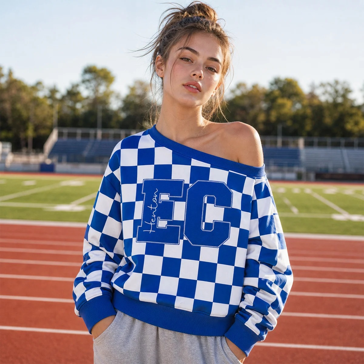 Custom Checkered Off-Shoulder Sweatshirt with Bold Number & Embroidered Name-Game Day Style