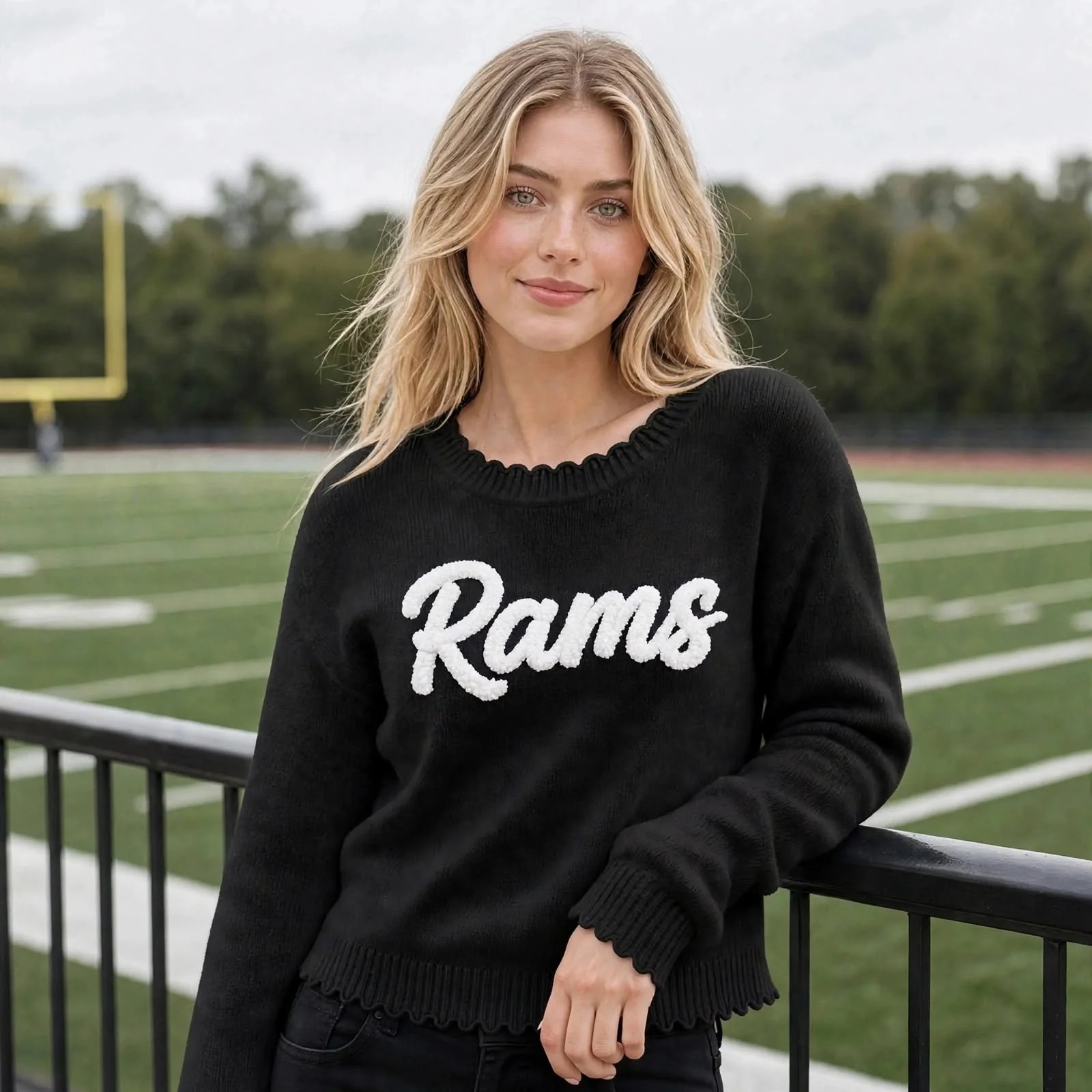 Custom Chenille Embroidered Team Name Scalloped Neckline Crewneck Sweater-College Game Day Style