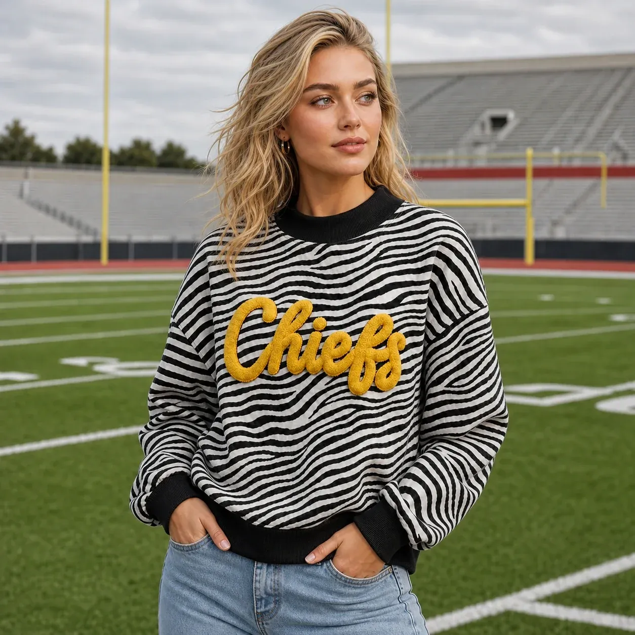 Custom Embroidered Chenille Team Name Zebra Print Mockneck-Game Day Style Wear