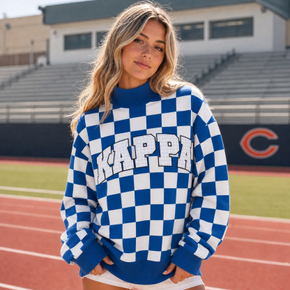 Custom Checkered Mockneck with Applique Sorority Letters-Bid Day & Big Little Style