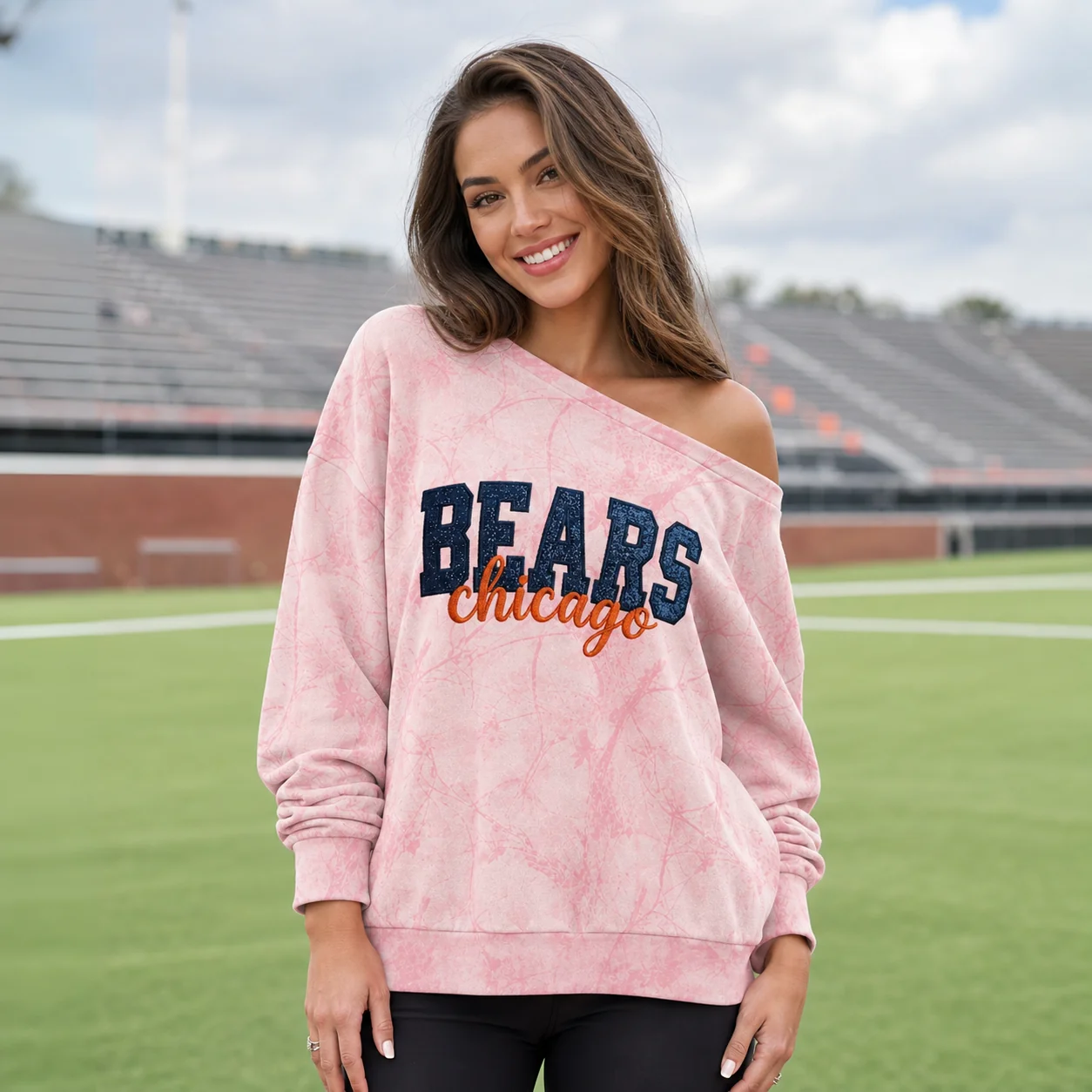 Custom Embroidered Glitter Camo Off-Shoulder Sweatshirt-Personalized Game Day Spirit Wear for Team Fans