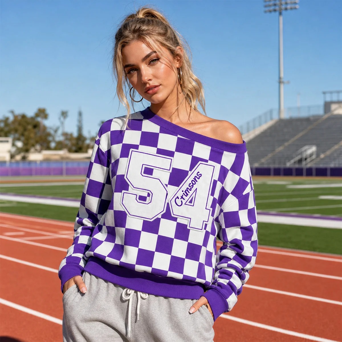 Custom Checkered Off-Shoulder Sweatshirt with Bold Number & Embroidered Name-Game Day Style