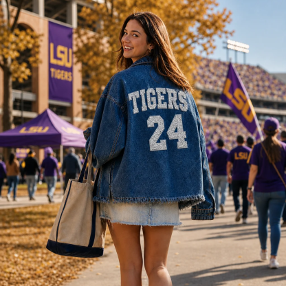 Custom Glitter Varsity Letter & Number Denim Jacket-College Game Day Tailgate Outfit
