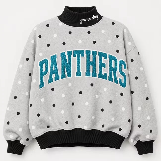 Custom Glitter Team Name Black & White Polka Dot Mockneck Sweatshirt-Game Day Spirit Wear