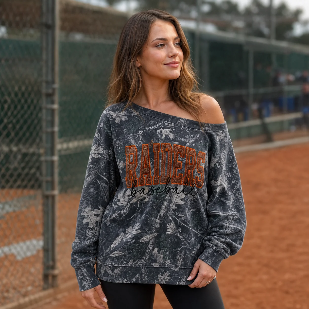 Custom Embroidered Glitter Camo Off-Shoulder Sweatshirt-Personalized Game Day Spirit Wear for Team Fans