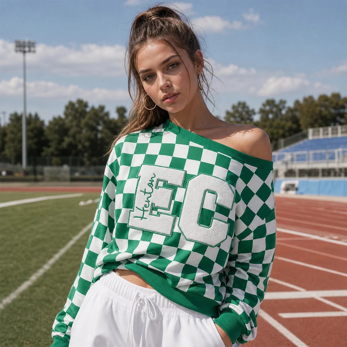 Custom Checkered Off-Shoulder Sweatshirt with Bold Number & Embroidered Name-Game Day Style