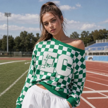 Custom Checkered Off-Shoulder Sweatshirt with Bold Number & Embroidered Name-Game Day Style