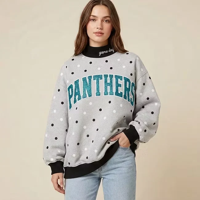 Custom Glitter Team Name Black & White Polka Dot Mockneck Sweatshirt-Game Day Spirit Wear