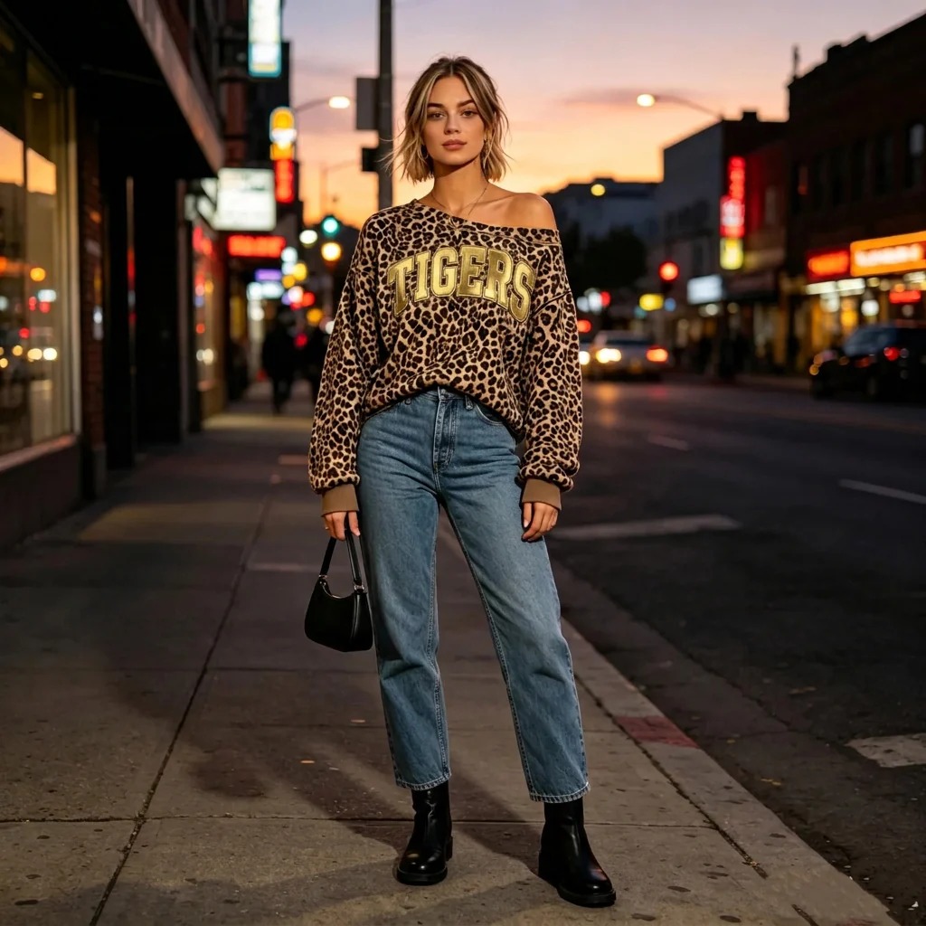 Personalized Metallic Puff Team Name Leopard Off-Shoulder Sweatshirt – Customized for Football Game Day