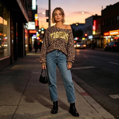 Personalized Metallic Puff Team Name Leopard Off-Shoulder Sweatshirt – Customized for Football Game Day