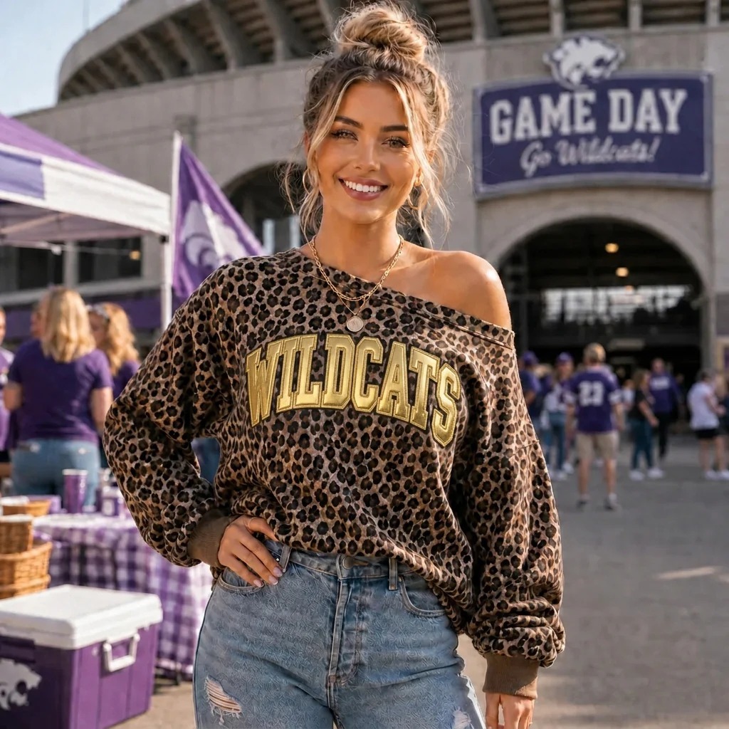 Personalized Metallic Puff Team Name Leopard Off-Shoulder Sweatshirt – Customized for Football Game Day