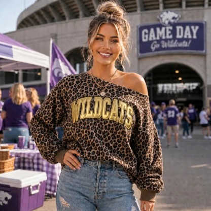 Personalized Metallic Puff Team Name Leopard Off-Shoulder Sweatshirt – Customized for Football Game Day