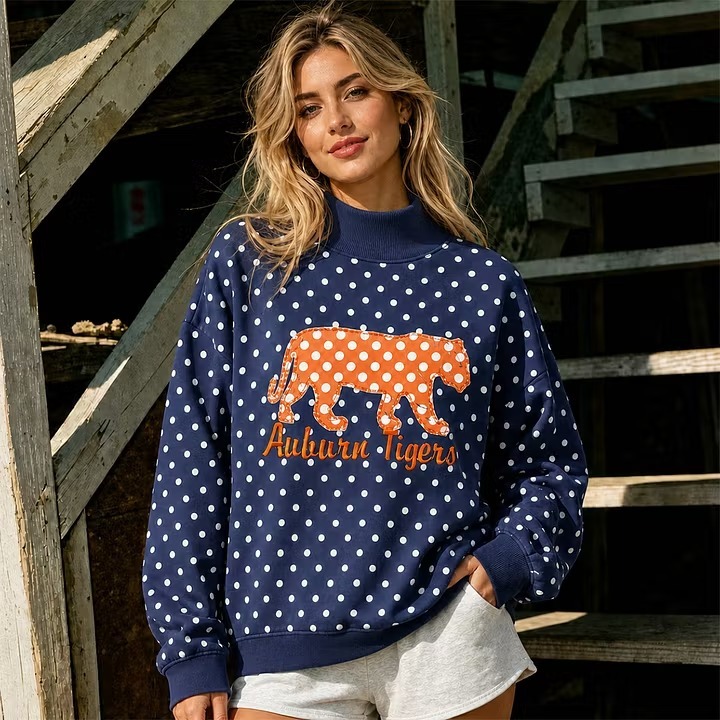 Custom Team Spirit Polka Dot Mascot Applique Mockneck Sweatshirt-Game Day Pullover