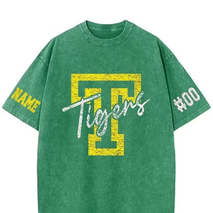 Custom Vintage Washed T-Shirt with Varsity Letter & Team Name – Game Day Ready
