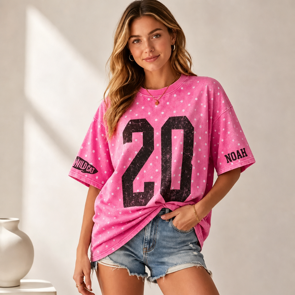 Custom Vintage Varsity Number or Letter Sport Team Polka Dot Washed T-Shirt Game Day Wear