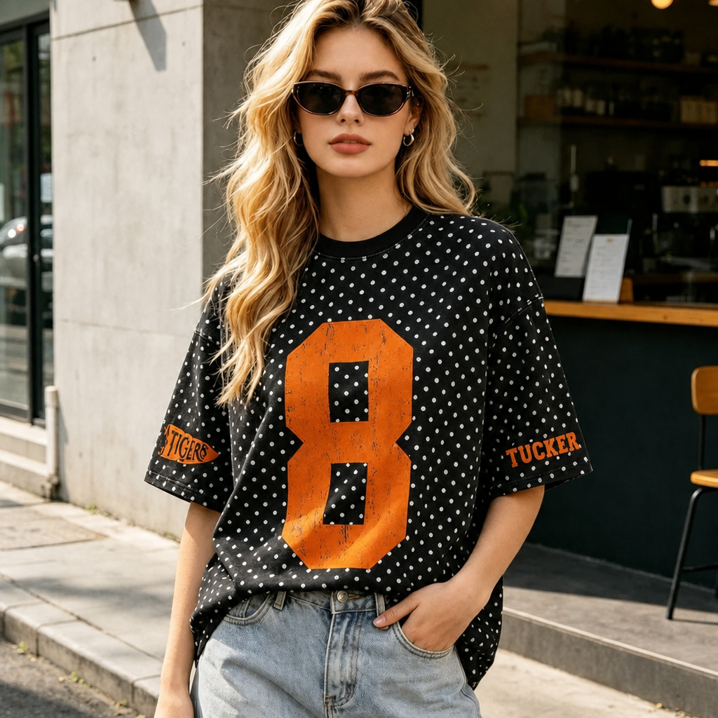 Custom Vintage Varsity Number or Letter Sport Team Polka Dot Washed T-Shirt Game Day Wear
