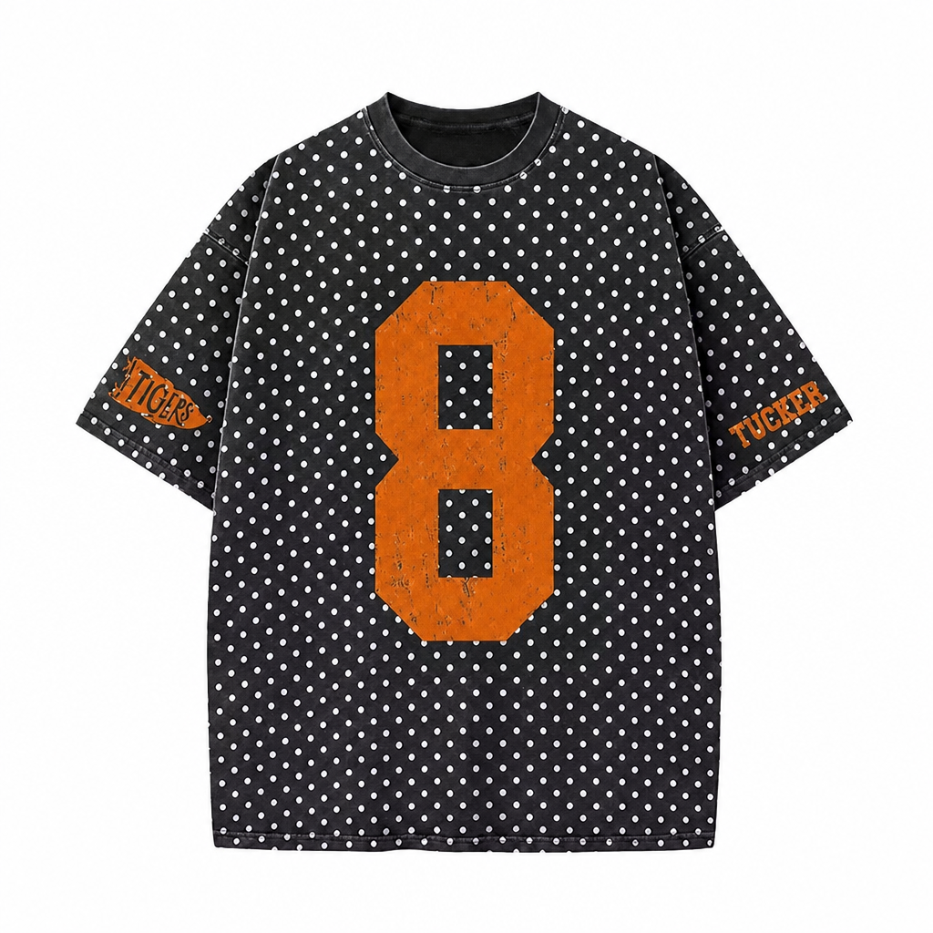 Custom Vintage Varsity Number or Letter Sport Team Polka Dot Washed T-Shirt Game Day Wear