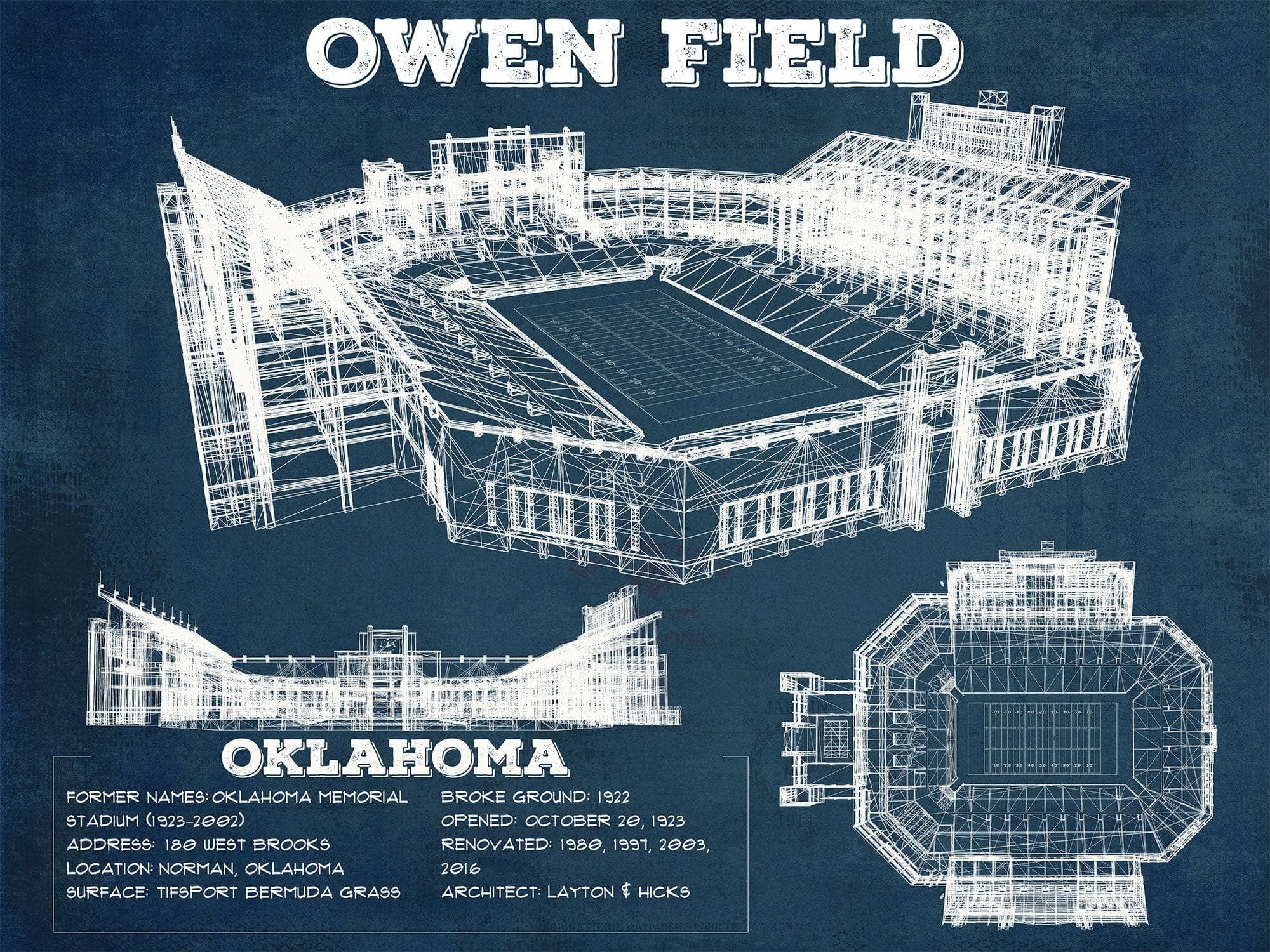 Gaylord Family Oklahoma Memorial Vintage Stadium Blueprint Art Print