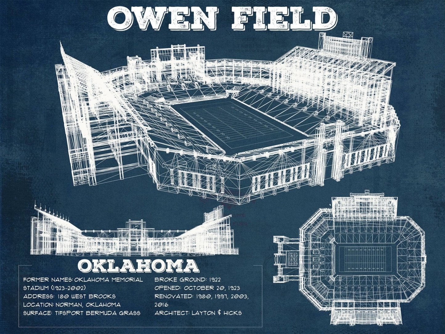 Gaylord Family Oklahoma Memorial Vintage Stadium Blueprint Art Print