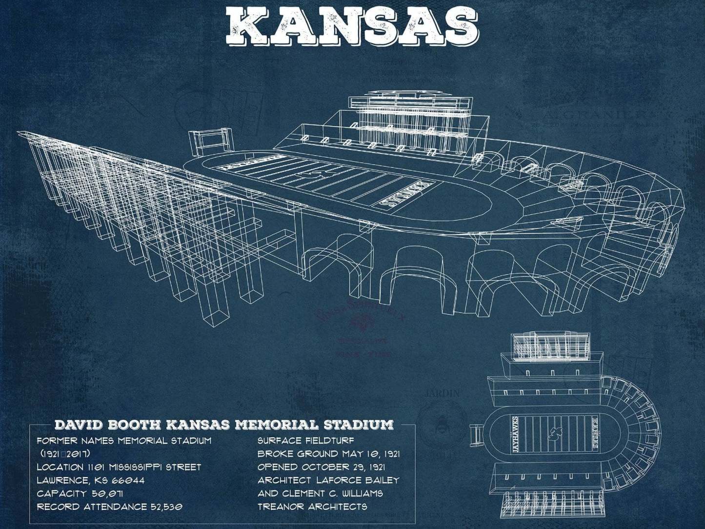 Kansas Memorial Stadium Blueprint Football Print