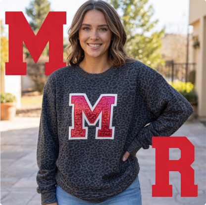 Custom Sequin Varsity Letter Embroidered Leopard/Cheetah Crewneck Sweatshirt