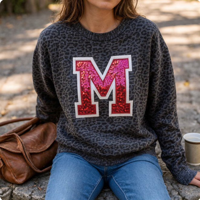 Custom Sequin Varsity Letter Embroidered Leopard/Cheetah Crewneck Sweatshirt