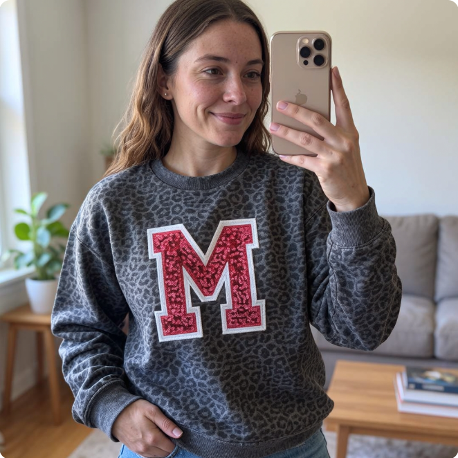 Custom Sequin Varsity Letter Embroidered Leopard/Cheetah Crewneck Sweatshirt