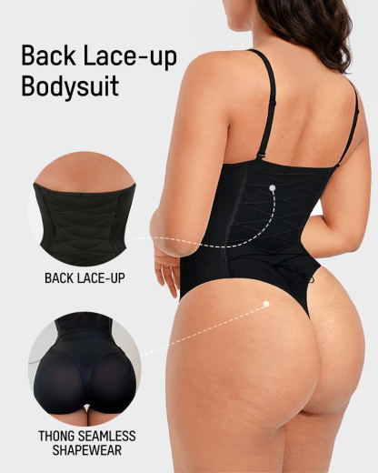 Seamless Back Lace-Up Cami Thong Bodysuit